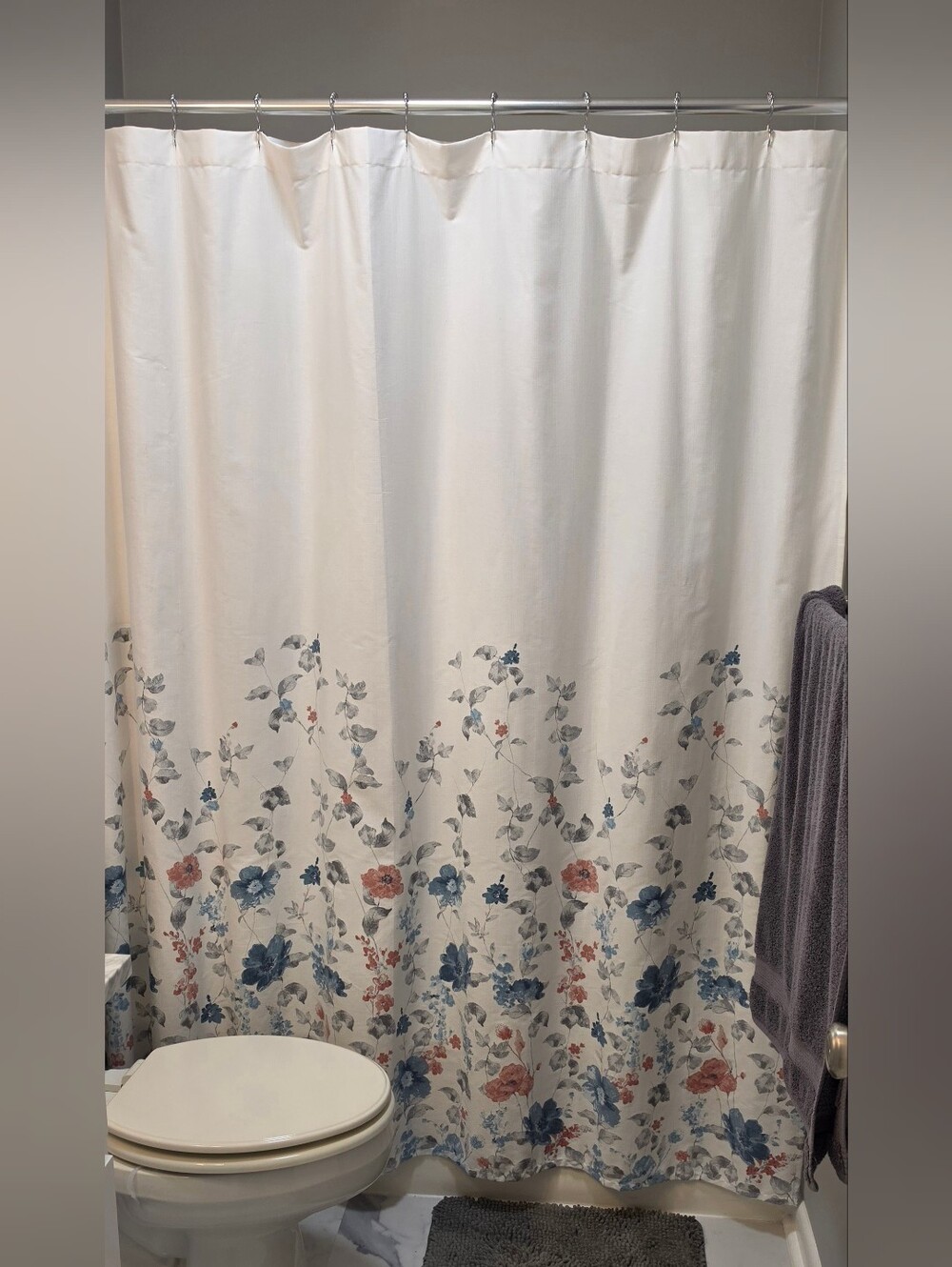 Floral Cotton Shower Curtain in Cream with Blue & Coral Accents